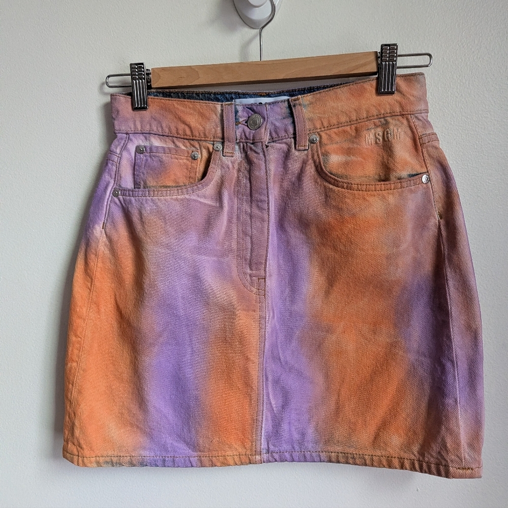 MSGM Orange Purple Italian Sexy Feminine Tie Dye Cotton Mini Skirt Size Small